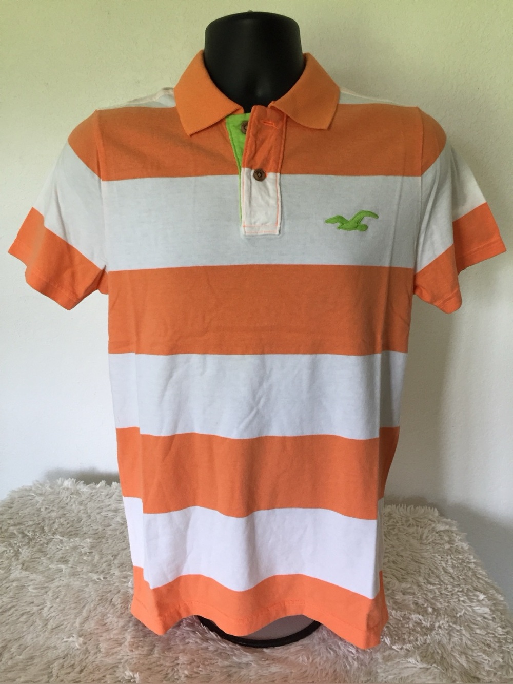 NWT Y2K HOLLISTER Mens/Dudes SS Striped Polo Shirt w/ Logo (Orange & White) - Picture 1 of 5